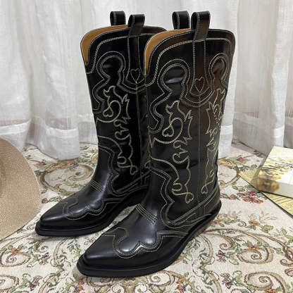 Womens Contrasting Embroidery Western Boots Mid Calf Leather Cowboy Boots in Blue/Brown/Black