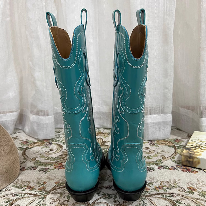 Womens Contrasting Embroidery Western Boots Mid Calf Leather Cowboy Boots in Blue/Brown/Black