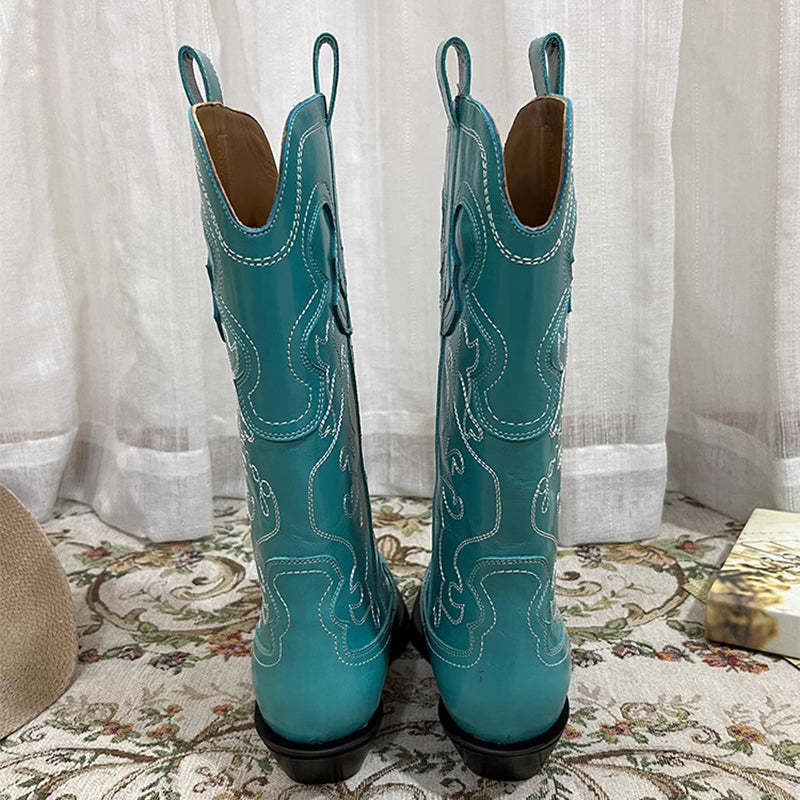 Womens Contrasting Embroidery Western Boots Mid Calf Leather Cowboy Boots in Blue/Brown/Black