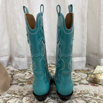 Womens Contrasting Embroidery Western Boots Mid Calf Leather Cowboy Boots in Blue/Brown/Black