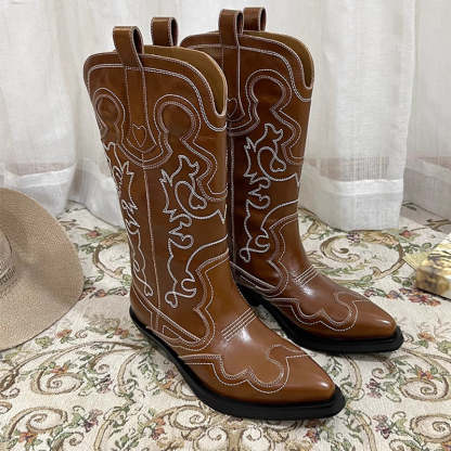 Womens Contrasting Embroidery Western Boots Mid Calf Leather Cowboy Boots in Blue/Brown/Black