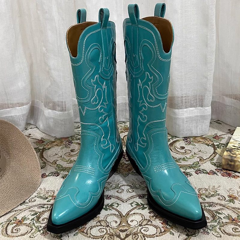 Womens Contrasting Embroidery Western Boots Mid Calf Leather Cowboy Boots in Blue/Brown/Black