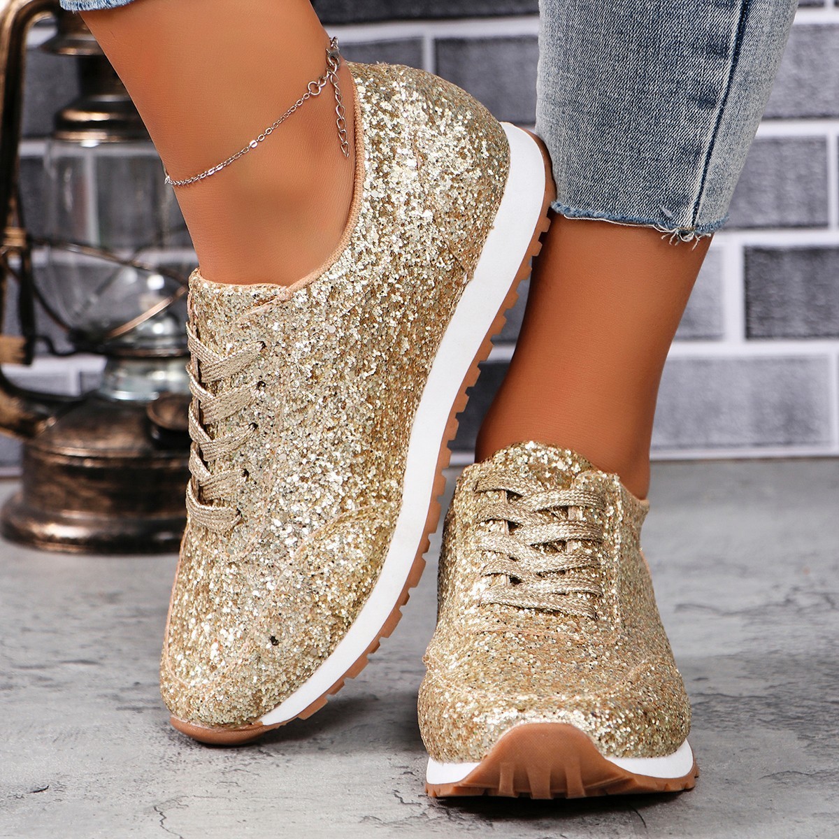 Glitter Sequin Lace-Up Sneakers | Stylish Comfort for Everyday Wear