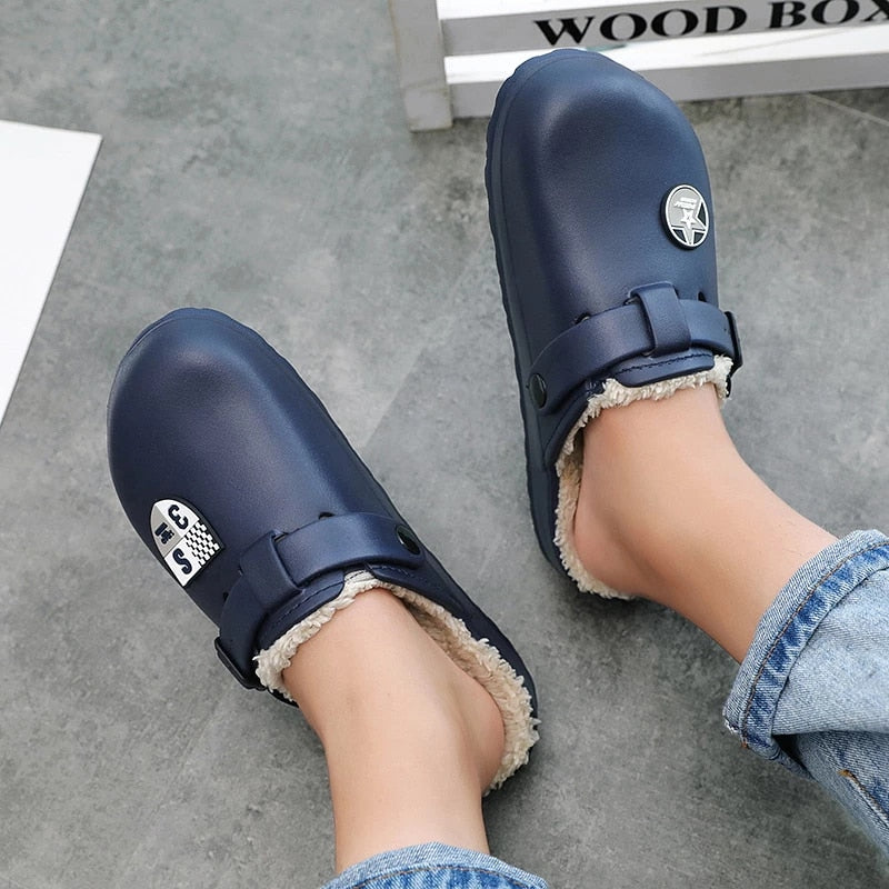 Men Fluffy Plush Slippers PU Winter Mule Clogs