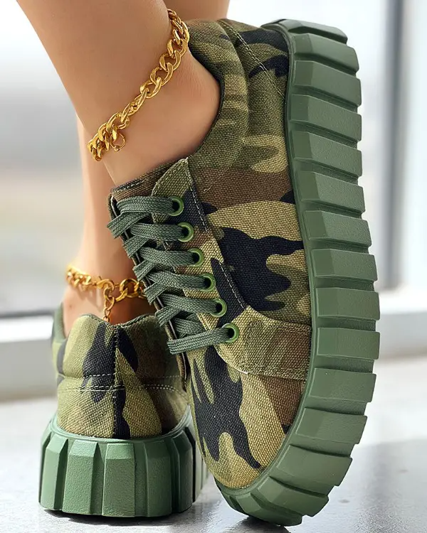 Camouflage Print Platform Lace-up Canvas Sneakers