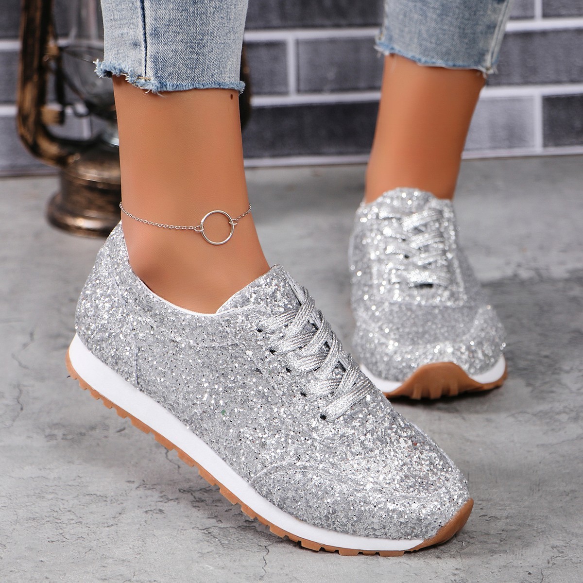 Glitter Sequin Lace-Up Sneakers | Stylish Comfort for Everyday Wear