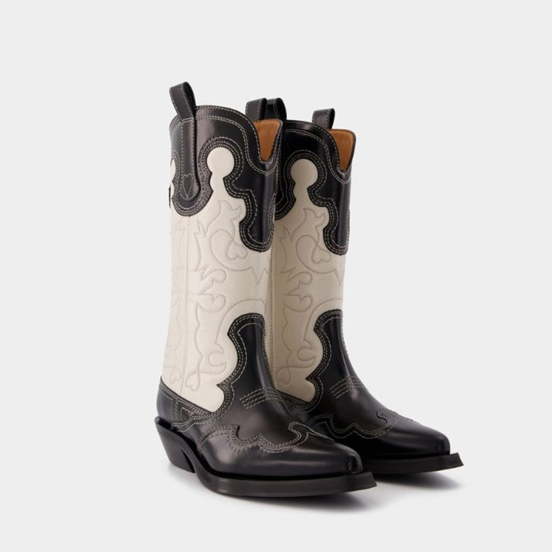 Womens Contrasting Embroidery Western Boots Mid Calf Leather Cowboy Boots in Blue/Brown/Black