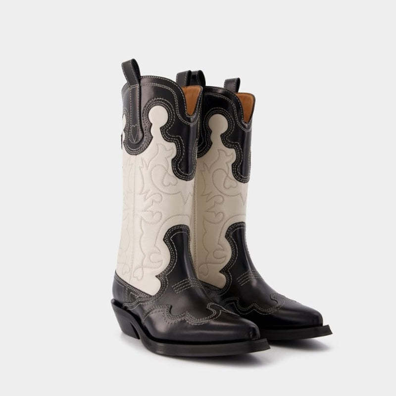 Womens Contrasting Embroidery Western Boots Mid Calf Leather Cowboy Boots in Blue/Brown/Black