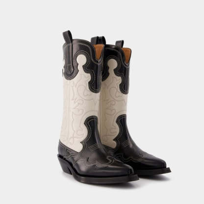 Womens Contrasting Embroidery Western Boots Mid Calf Leather Cowboy Boots in Blue/Brown/Black