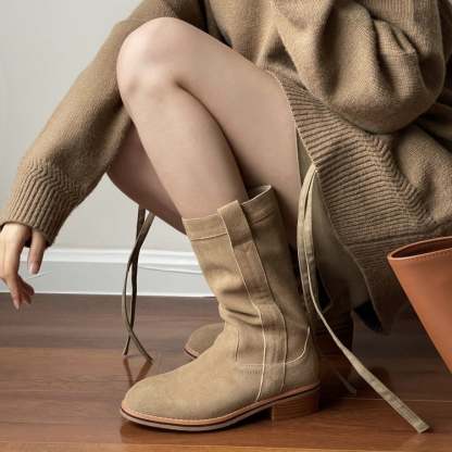 Womens Suede Leather Mid Calf Boots