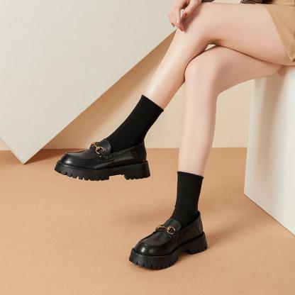 Chunky Loafers Women Smooth Genuine Leather Platform Shoes Round Toe Metal Chain Slip on Handmade