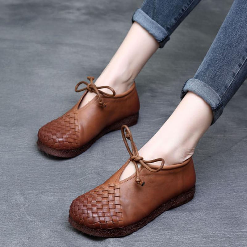 Handmade Leather Flats Women Oxford Tie Casual Walking Shoes