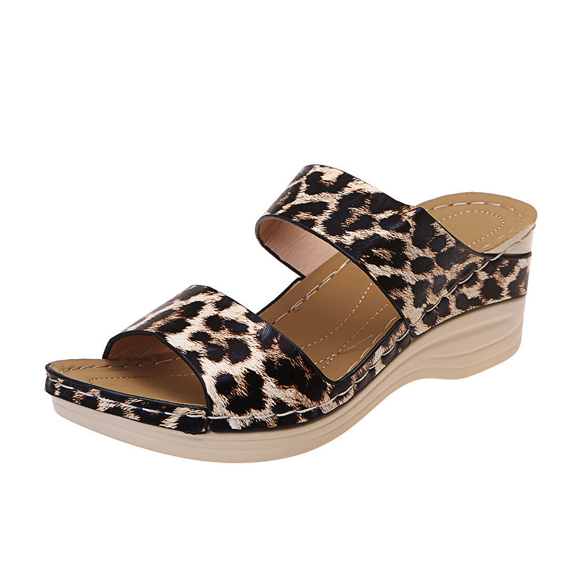 Leopard Print Sandals Leather Wedge Sandals Shoes