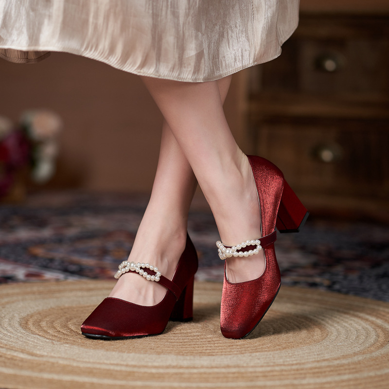 Pearl Mary Jane Pumps Chunky Heels Bowknot Closed Toe Dress Shoes