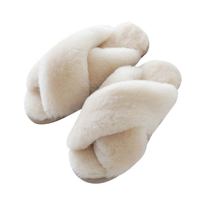House Slippers Women Flat Soft Faux Fur Plus Plush Slides Super Warm Winter
