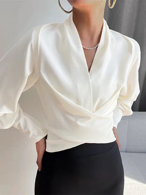V-neck Women's Bblouses with Puff Sleeves