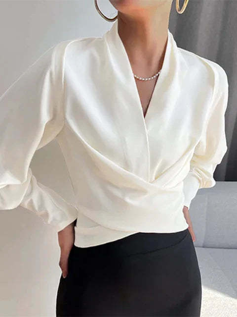 V-neck Women's Bblouses with Puff Sleeves