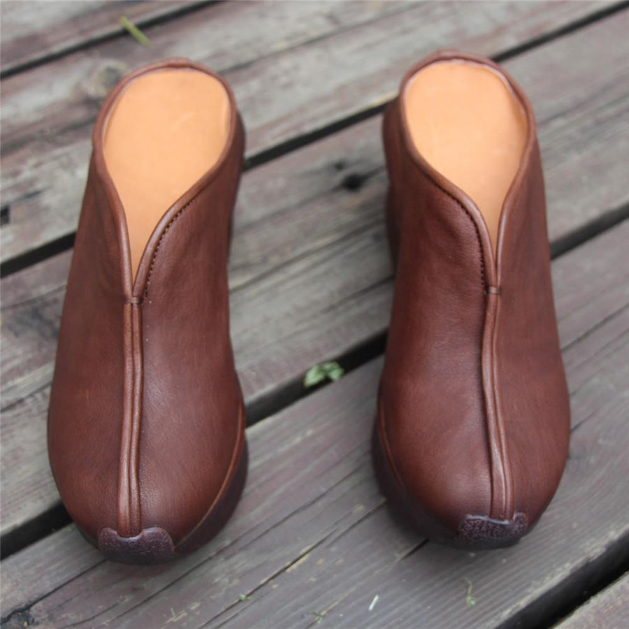 Women Handmade Retro Leather Platforms Wedges Slippers Red/Coffee