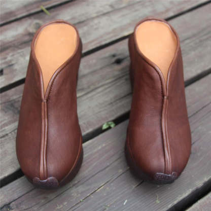 Women Handmade Retro Leather Platforms Wedges Slippers Red/Coffee