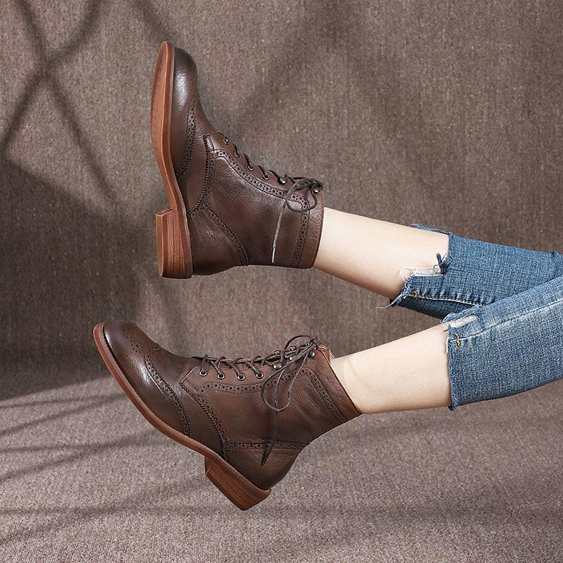 Handmade Wingtip Shoes Leather Martin Boots Block Carving Brogue Ankle Boot For Women