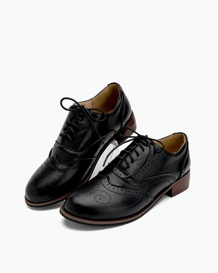 Classic Lace-Up Wingtip Leather Flat Oxfords