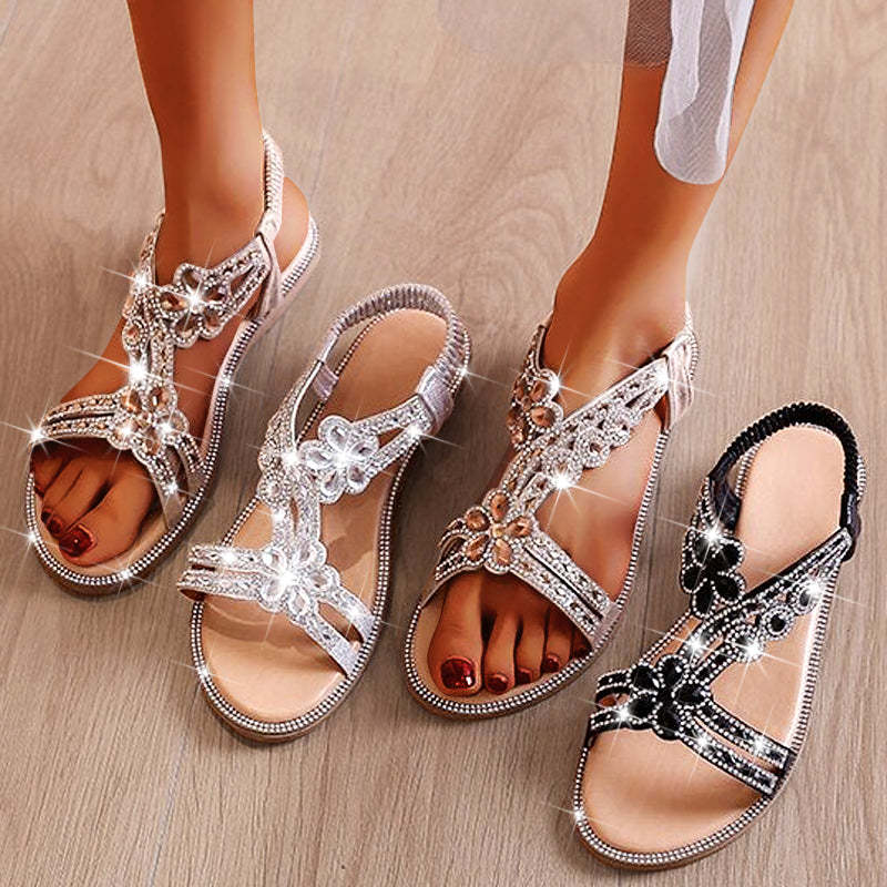 Women Flat Shoes Summer Luxury Designer Rhinestone Sandals