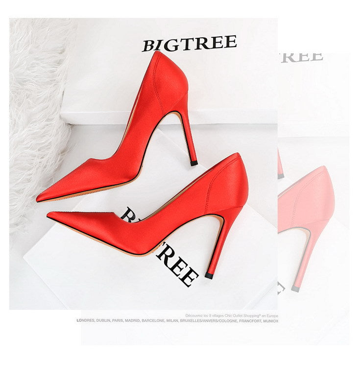Retro Stiletto-heeled Satin Shallow Pointed Shoes