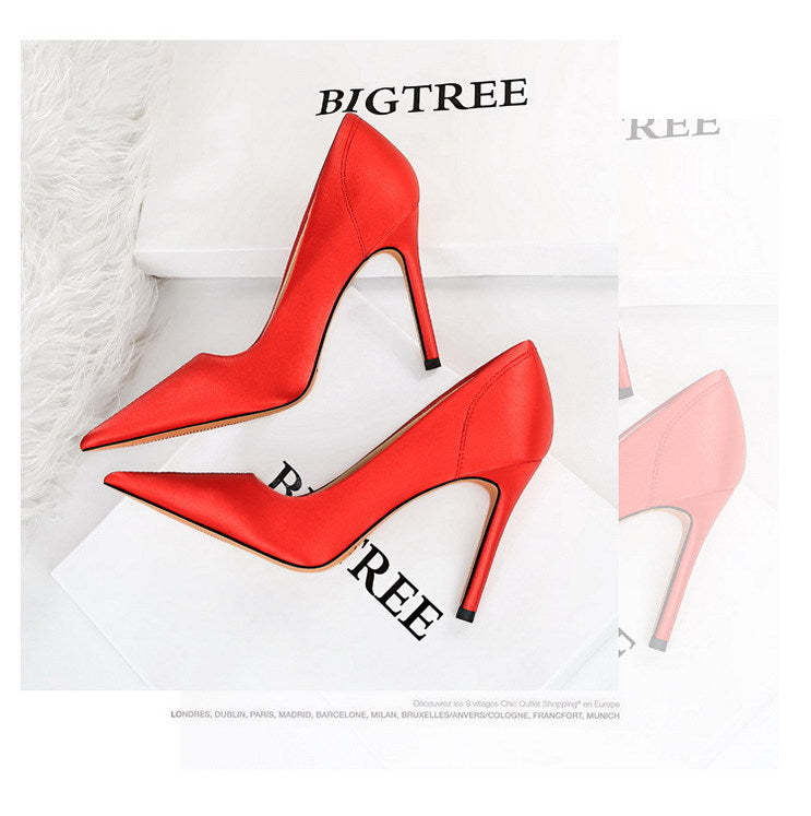 Retro Stiletto-heeled Satin Shallow Pointed Shoes