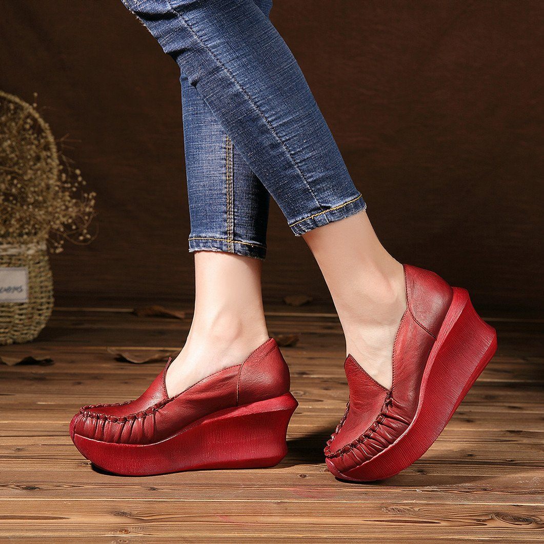 Women Handmade Retro Leather Platforms Wedges Slippers Red/Coffee