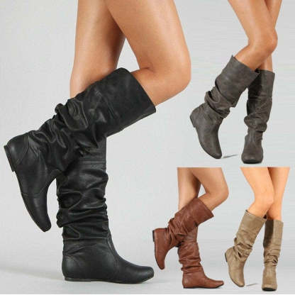 Fashion Slouch Leather Mid-Calf Flat Boots
