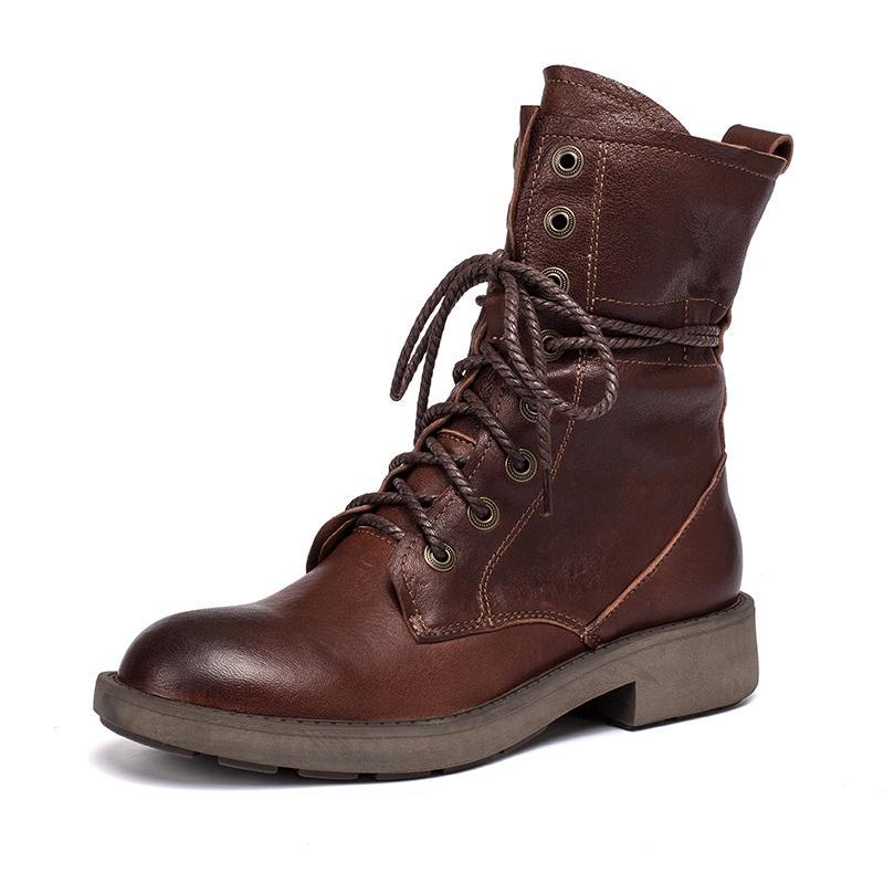 Women's Handmade Sheepskin Combat Boots Designer Retro Chunky Riding Boots