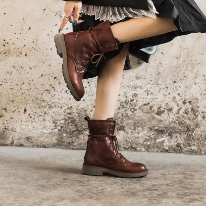 Women's Handmade Sheepskin Combat Boots Designer Retro Chunky Riding Boots