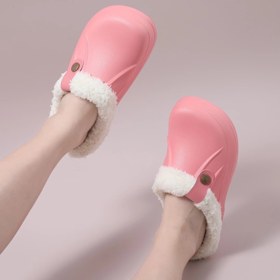 Plush Winter Slippers Women Heel Support Waterproof Slides