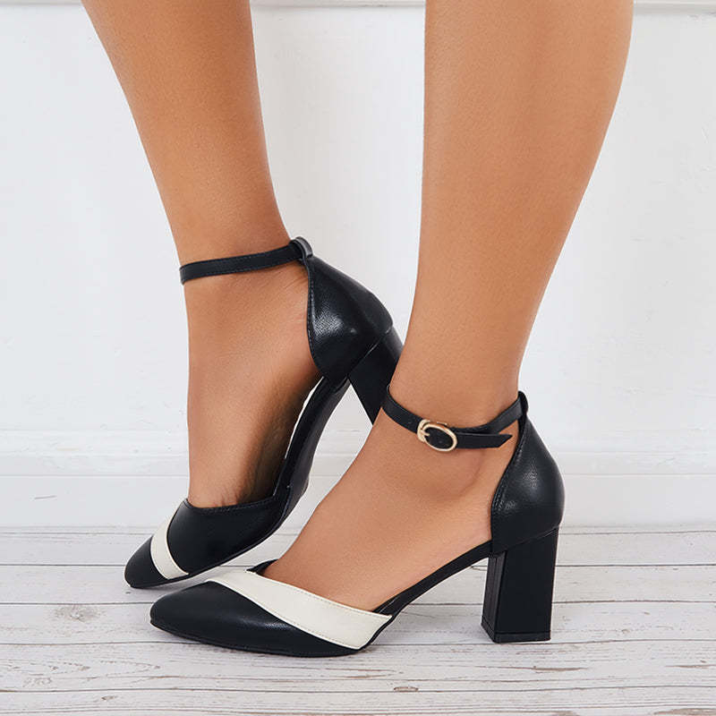 Women Mary Jane Pumps Pointed Toe Ankle Strap Buckle Chunky Block Heels