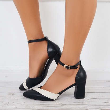 Women Mary Jane Pumps Pointed Toe Ankle Strap Buckle Chunky Block Heels