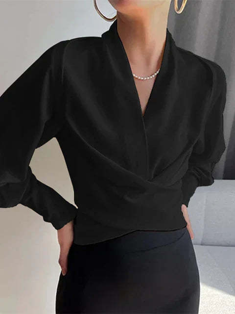 V-neck Women's Bblouses with Puff Sleeves