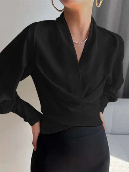 V-neck Women's Bblouses with Puff Sleeves