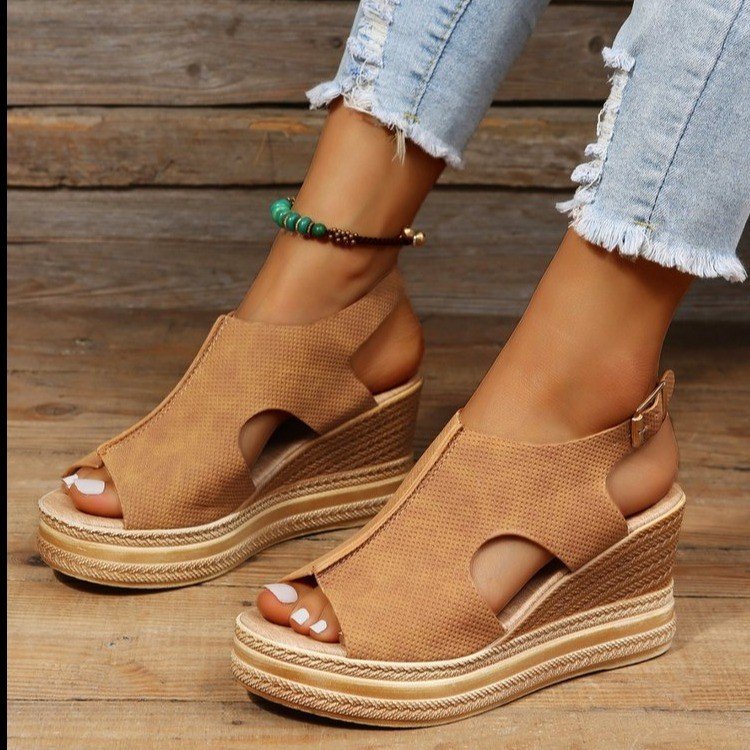 Buckle Detail Slingback Wedge Sandals