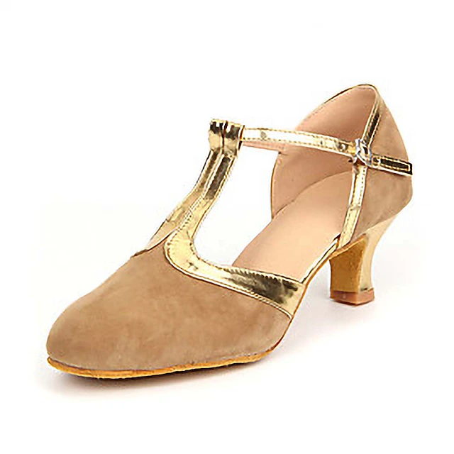 Women's Ballroom Dance Shoes Modern Dance Shoes Line Dance Outdoor Suede Shoes Heel Splicing Cuban Heel Buckle T-Strap
