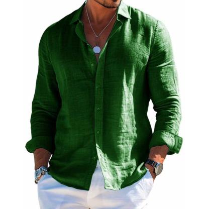 Men's Cotton and Linen Casual Solid Color Lapel Shirt