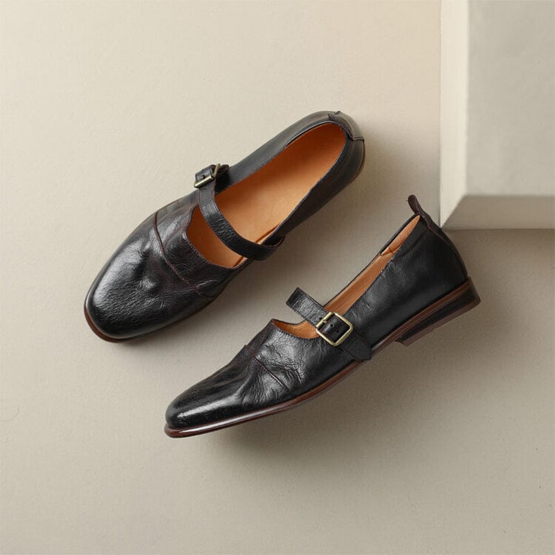 Handmade Leather Mary Jane Flats Ballerina Shoes in Black/Brown