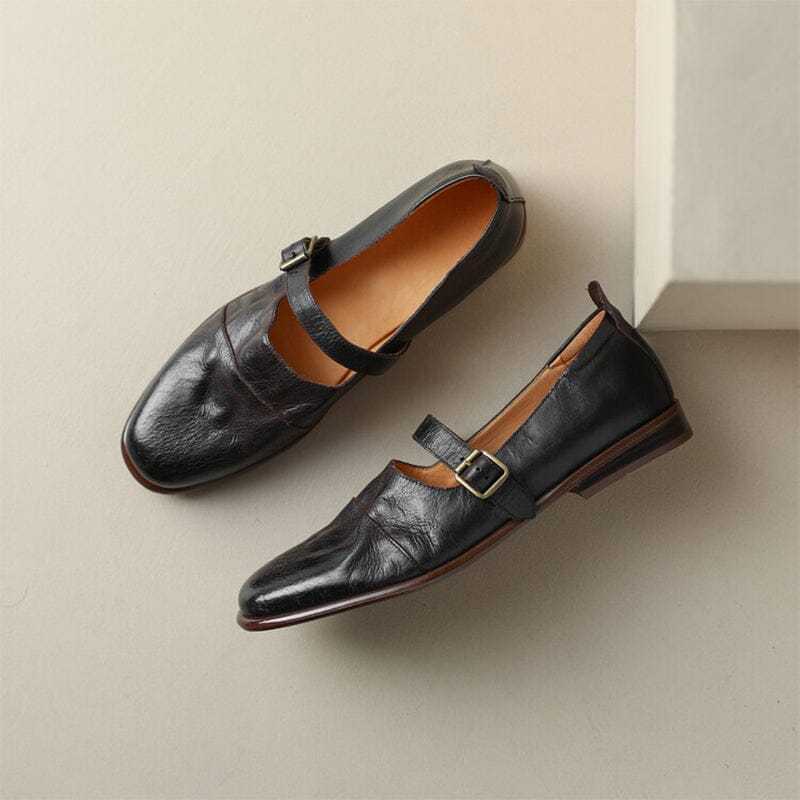 Handmade Leather Mary Jane Flats Ballerina Shoes in Black/Brown