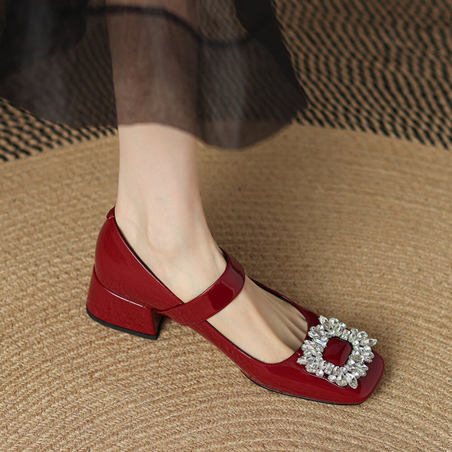 Handmade Patent Leather Mary Jane Pumps Block Heel Office Shoes in Red/Black