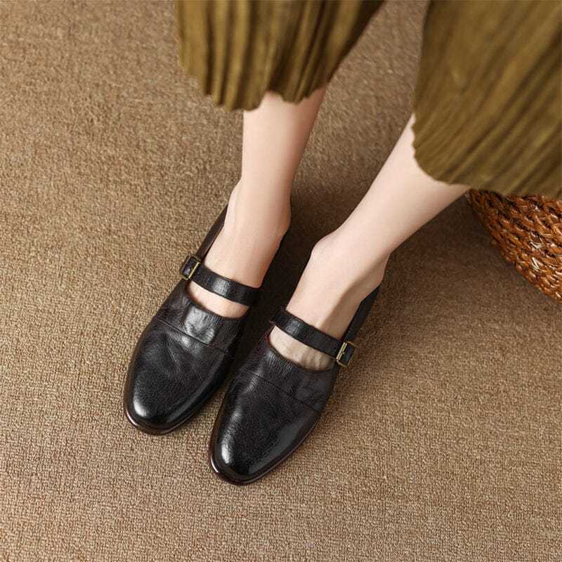 Handmade Leather Mary Jane Flats Ballerina Shoes in Black/Brown