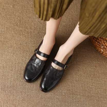 Handmade Leather Mary Jane Flats Ballerina Shoes in Black/Brown