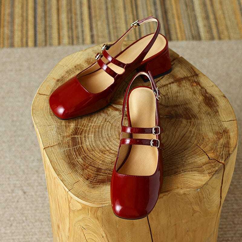 Slingback Leather Mary Jane Pumps Double Strap Block Heel Office Shoes