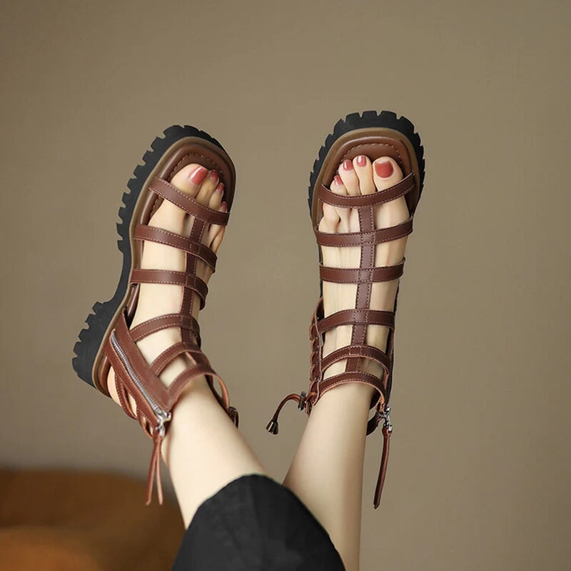 Gladiator Sandals Women Cow Leather Platform Shoes Drawstring Side Zipper Closure Summer Ladies Shoes Handmade
