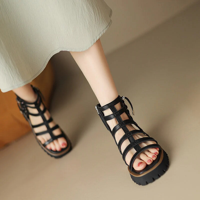 Gladiator Sandals Women Cow Leather Platform Shoes Drawstring Side Zipper Closure Summer Ladies Shoes Handmade