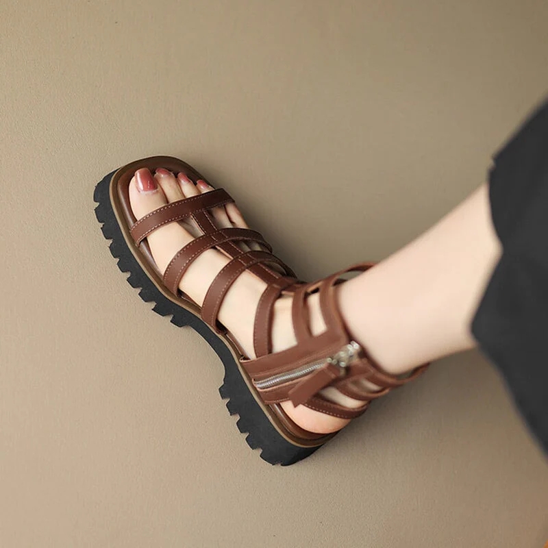 Gladiator Sandals Women Cow Leather Platform Shoes Drawstring Side Zipper Closure Summer Ladies Shoes Handmade
