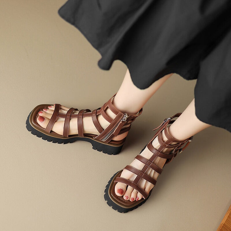 Gladiator Sandals Women Cow Leather Platform Shoes Drawstring Side Zipper Closure Summer Ladies Shoes Handmade